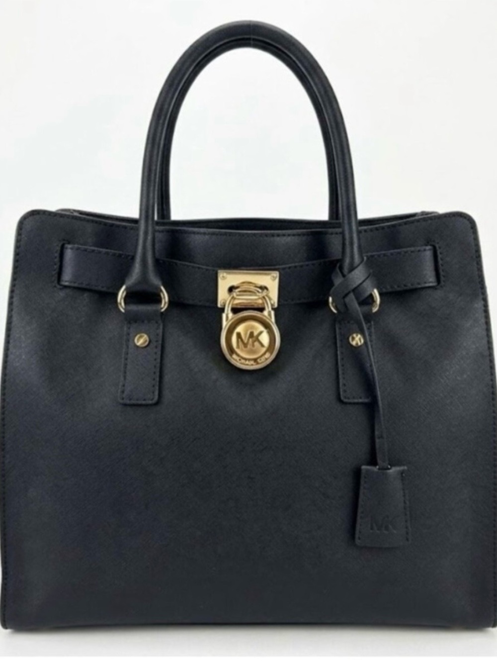 Michael Kors Black Leather Structured Satchel with Gold Hardware